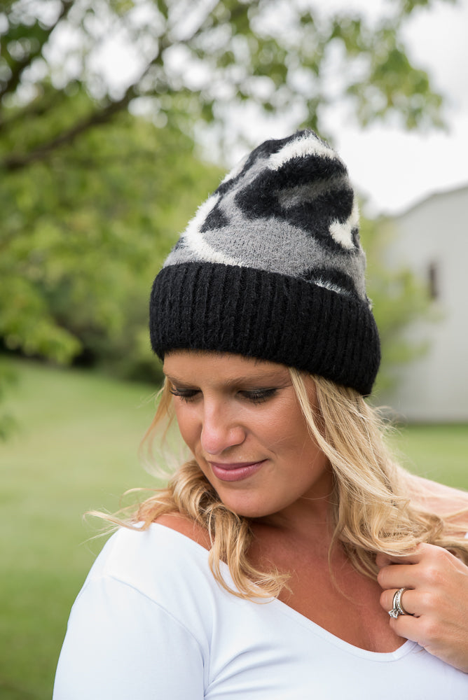 PT Fuzzy Leopard Beanie in Black