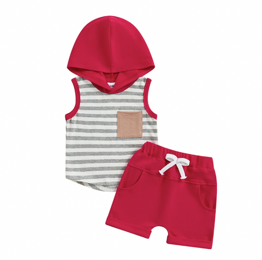 Red Striped Hooded Tank Short Set