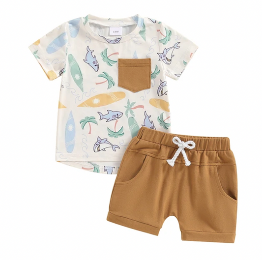 Shark and Palm Tree Brown Short Set