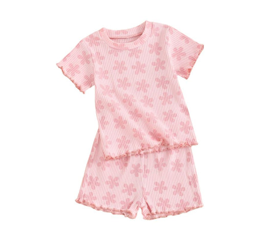 Pink on Pink Ribbed Daisy Flower Short Set