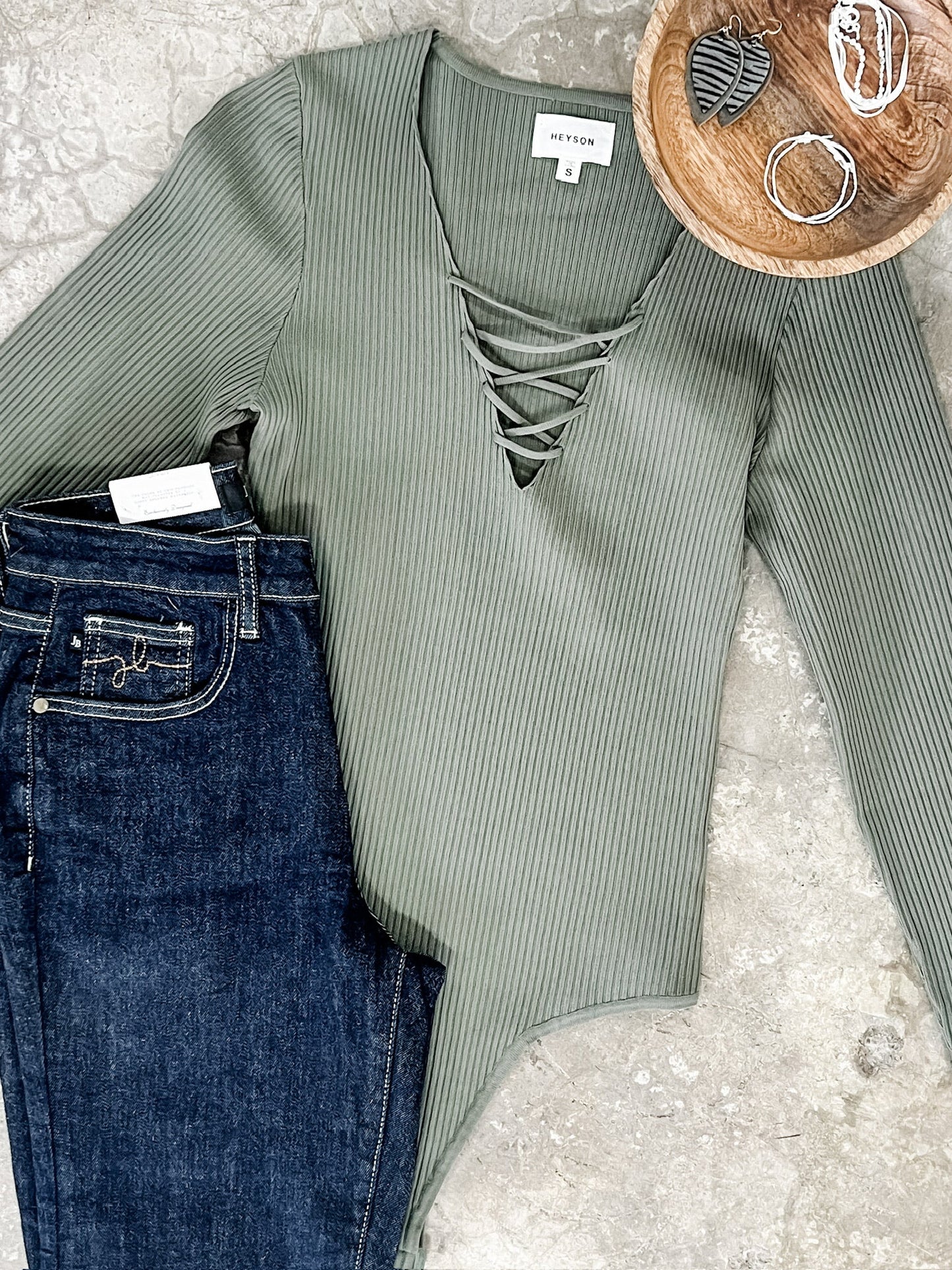 11.10 Lace Up Long Sleeve Bodysuit In Olive
